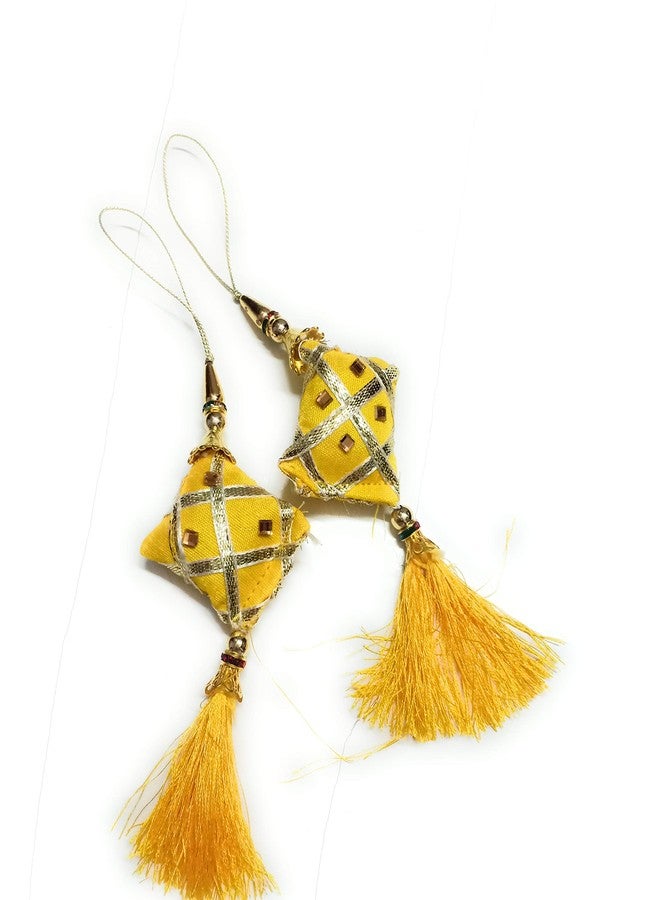 لباس مجموعة من قطعتين من شرابات لاتكان النسائية من ليباس فاشن، مصنوعة من اللؤلؤ الأصفر والذهبي، لتزيين البلوزات والساري والقمصان. - Image 4